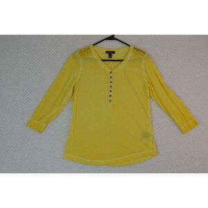 Lauren Ralph Lauren Women's Small Yellow Burnout 3/4 Sleeve V Neck Shirt